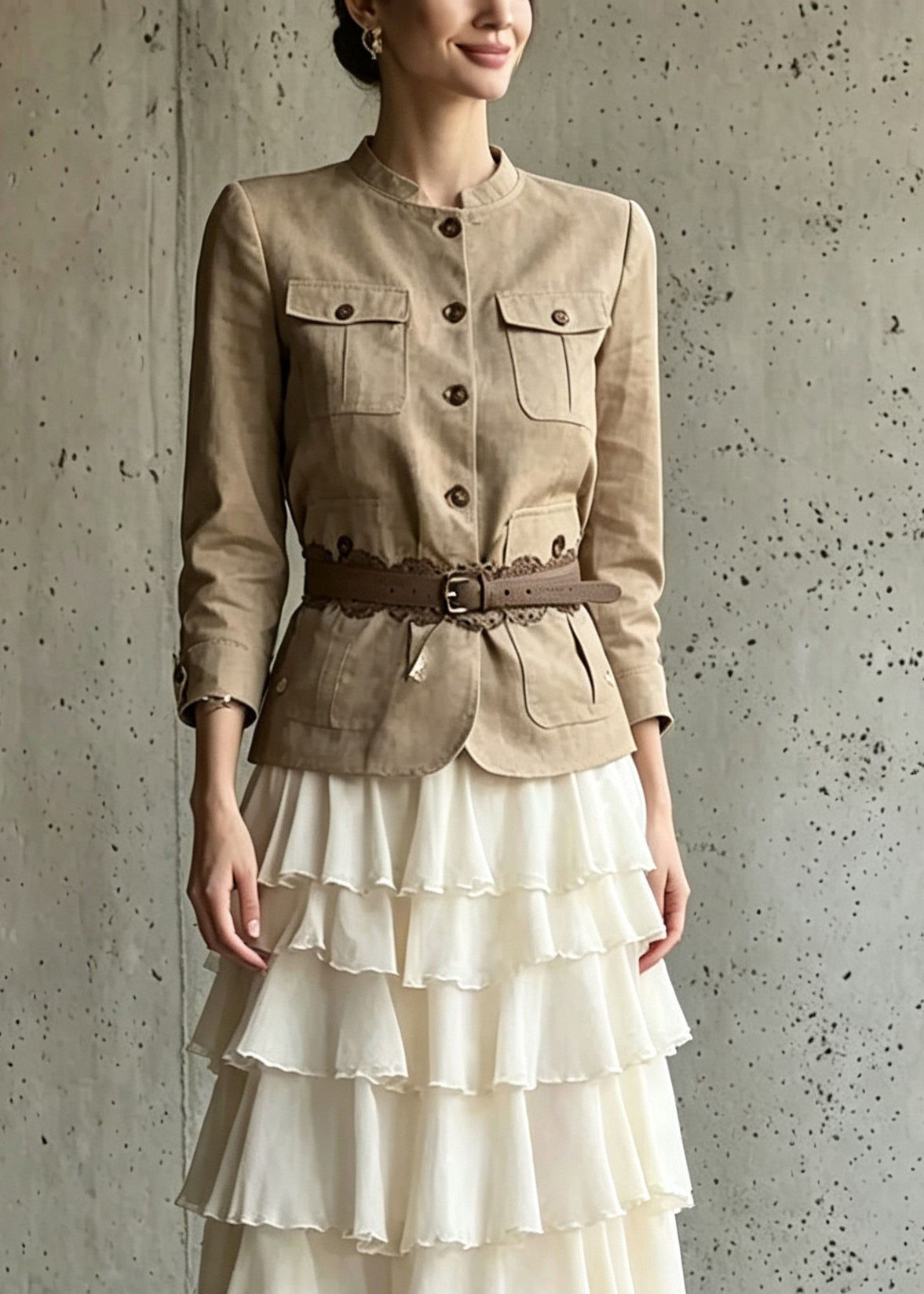 Classy Pockets Patchwork Coats And Maxi Skirts Two Piece Set Long Sleeve