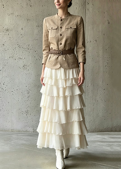 Classy Pockets Patchwork Coats And Maxi Skirts Two Piece Set Long Sleeve