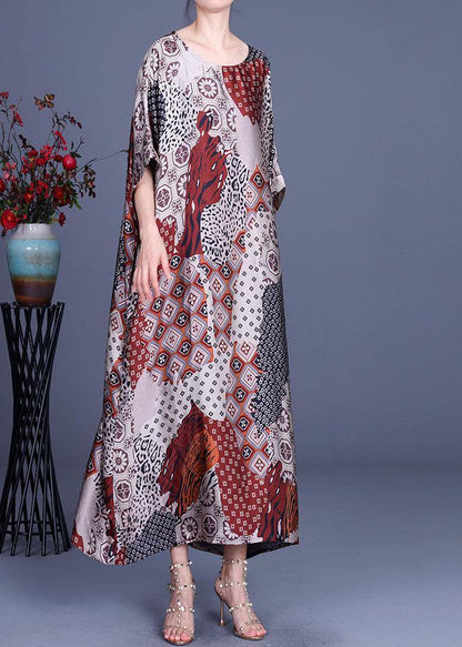 Classy Print O-Neck Half Sleeve Silk Summer Dress - SooLinen