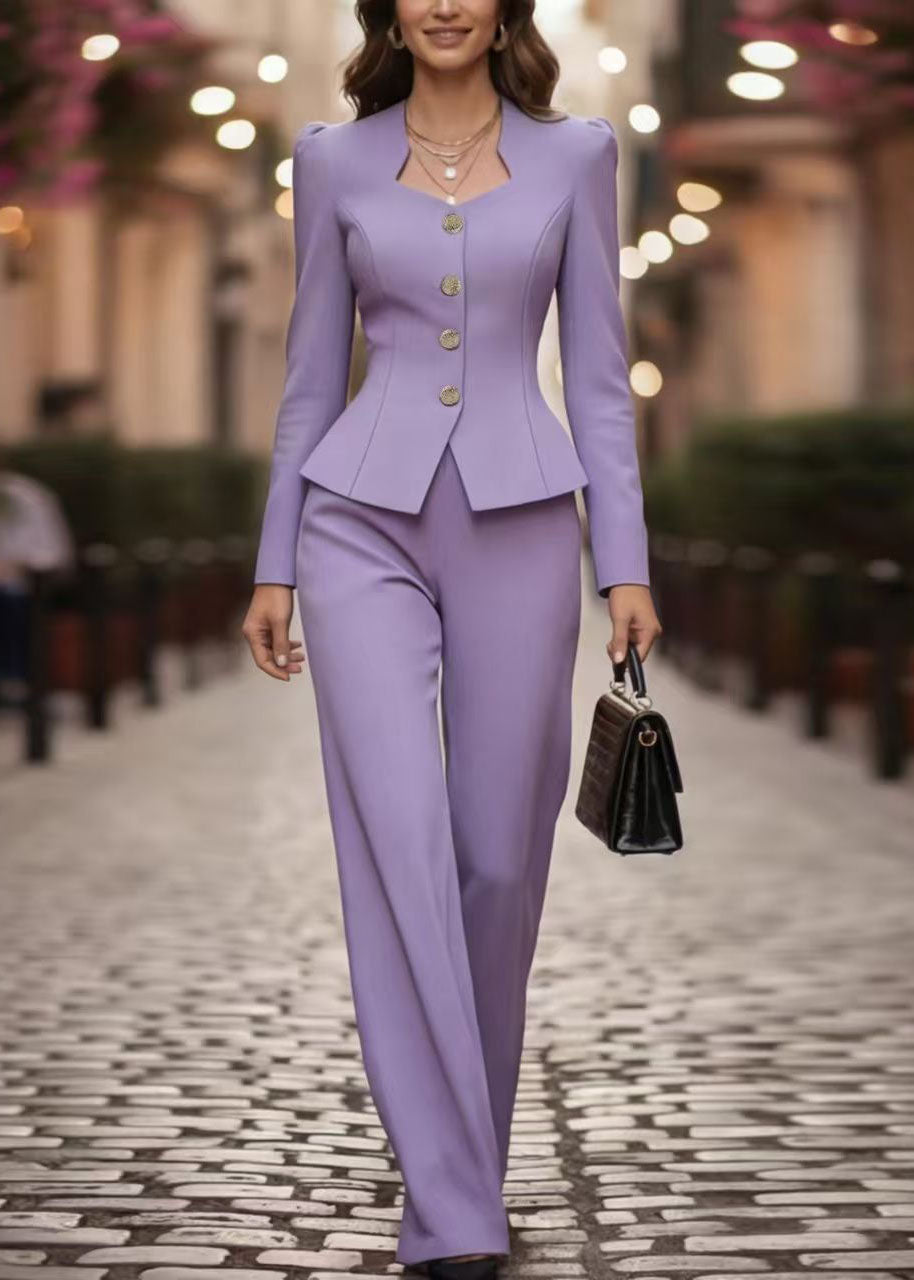 Classy Purple Coat And Pants Cotton Two Piece Set Outfits Fall