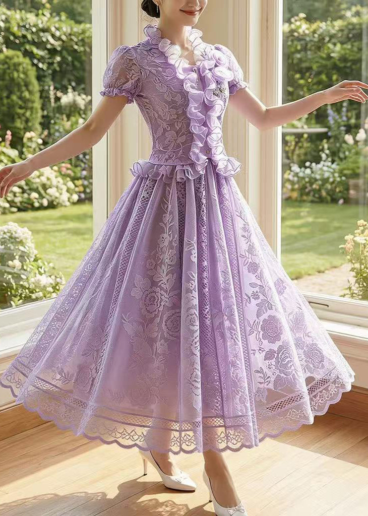 Classy Purple Embroidered Ruffled Chiffon Two Piece Suit Set Summer