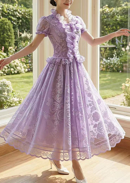 Classy Purple Embroidered Ruffled Chiffon Two Piece Suit Set Summer