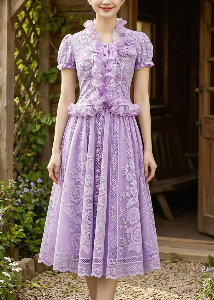 Classy Purple Embroidered Ruffled Chiffon Two Piece Suit Set Summer