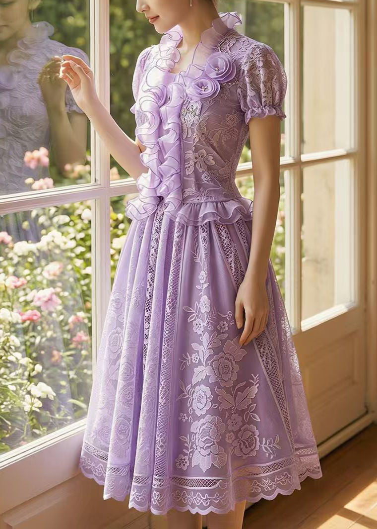 Classy Purple Embroidered Ruffled Chiffon Two Piece Suit Set Summer