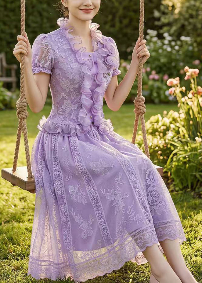 Classy Purple Embroidered Ruffled Chiffon Two Piece Suit Set Summer