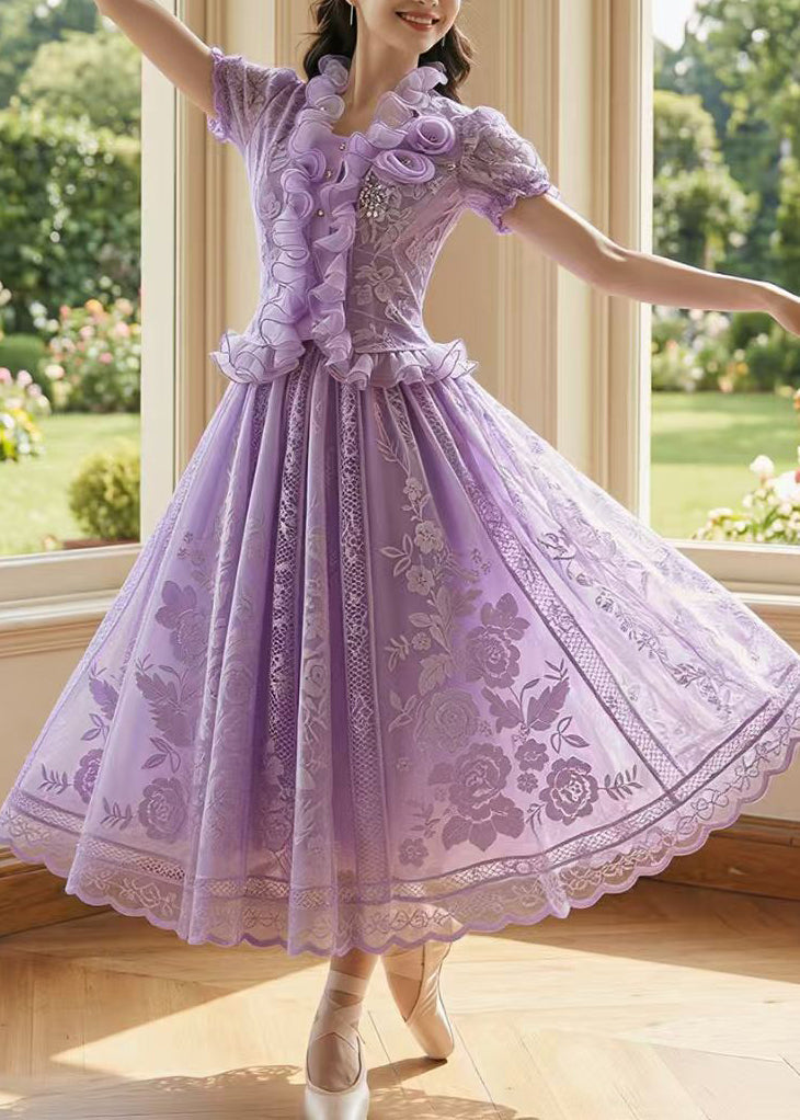 Classy Purple Embroidered Ruffled Chiffon Two Piece Suit Set Summer