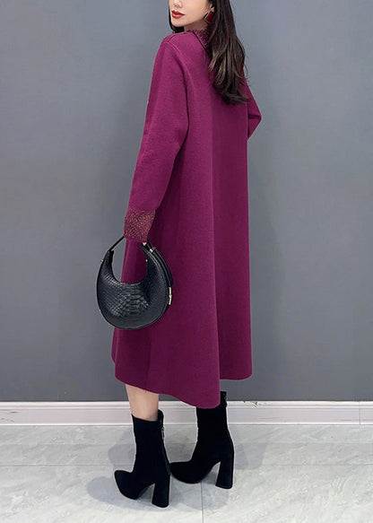 Classy Purple Hign Neck Pockets Patchwork Knit Long Dresses Fall