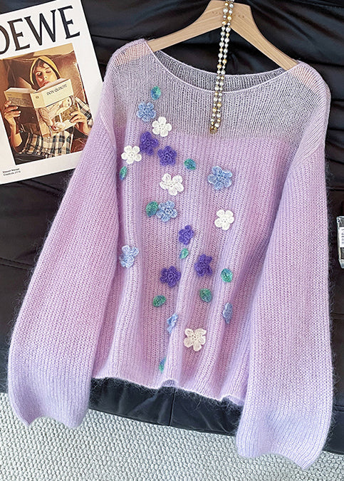 Classy Purple Hollow Out Floral Decorated Knit Short Sweater Fall