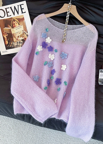 Classy Purple Hollow Out Floral Decorated Knit Short Sweater Fall