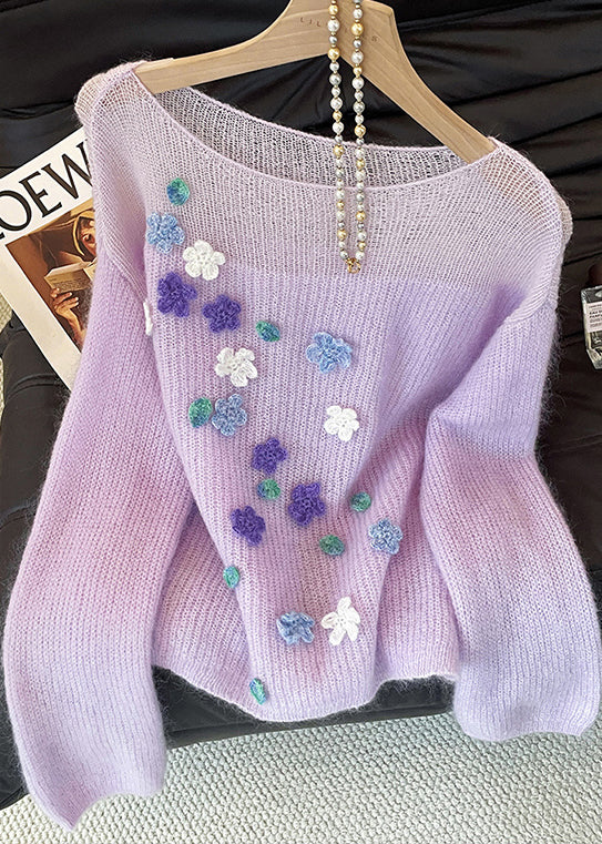 Classy Purple Hollow Out Floral Decorated Knit Short Sweater Fall