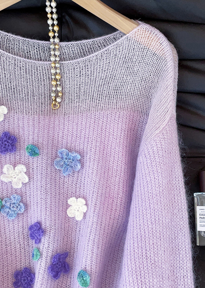 Classy Purple Hollow Out Floral Decorated Knit Short Sweater Fall