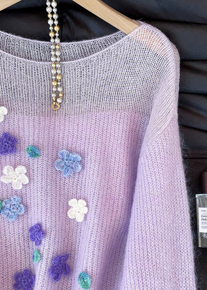 Classy Purple Hollow Out Floral Decorated Knit Short Sweater Fall