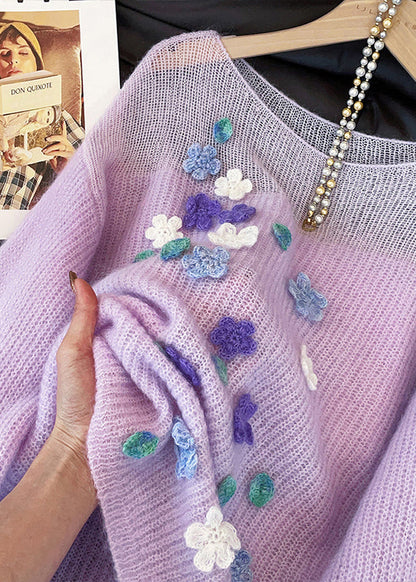 Classy Purple Hollow Out Floral Decorated Knit Short Sweater Fall