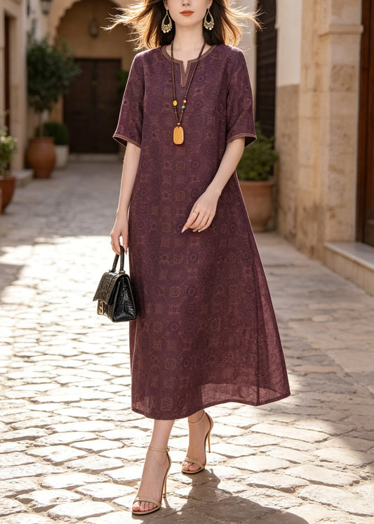 Classy Purple O Neck Print Silk Dresses Summer