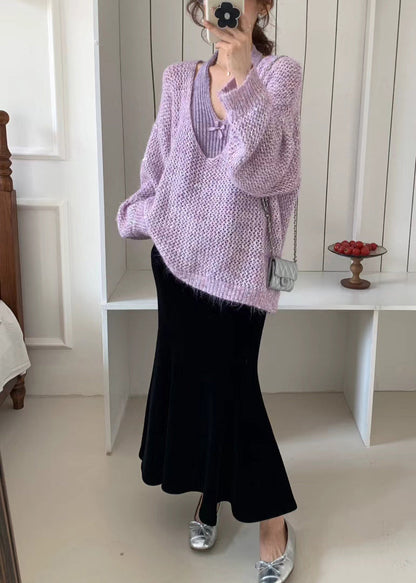 Classy Purple Oversized Hollow Out Knit Two Pieces Set Winter