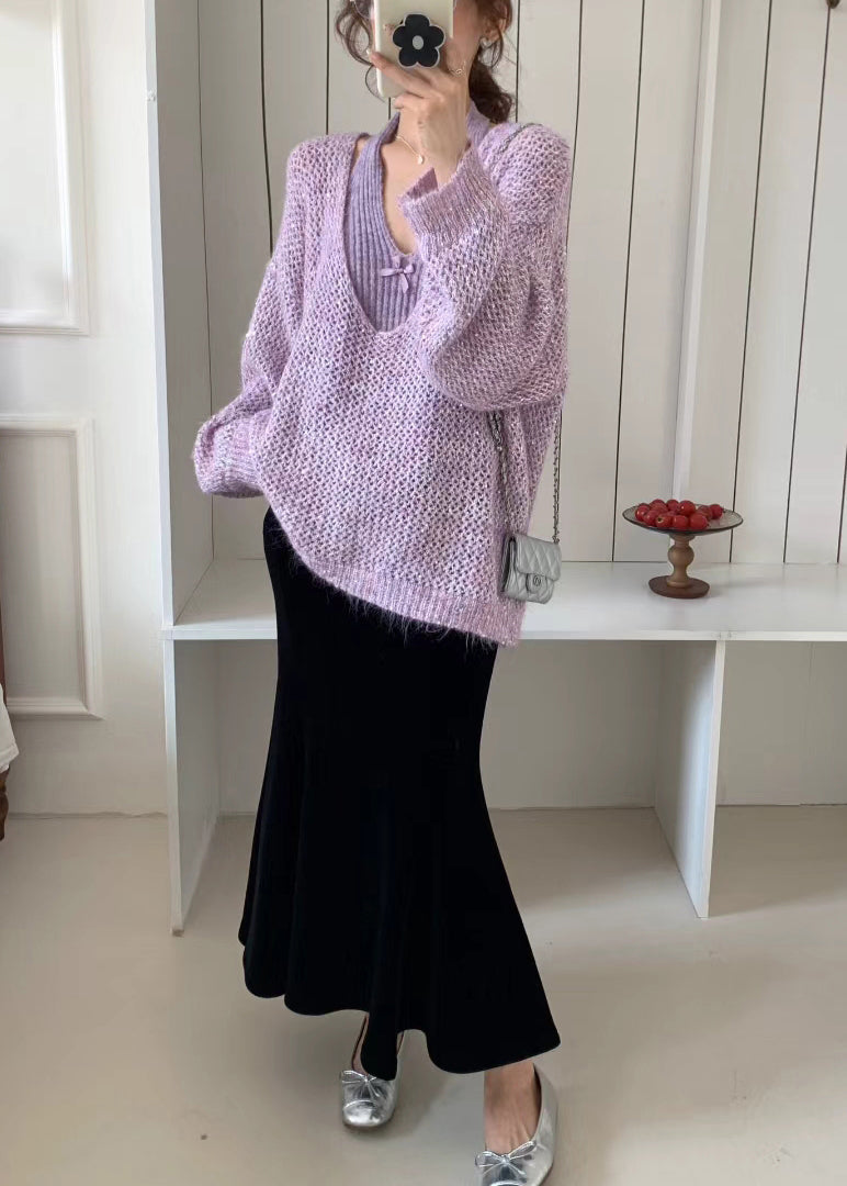 Classy Purple Oversized Hollow Out Knit Two Pieces Set Winter
