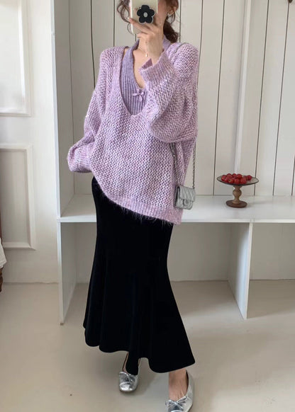 Classy Purple Oversized Hollow Out Knit Two Pieces Set Winter