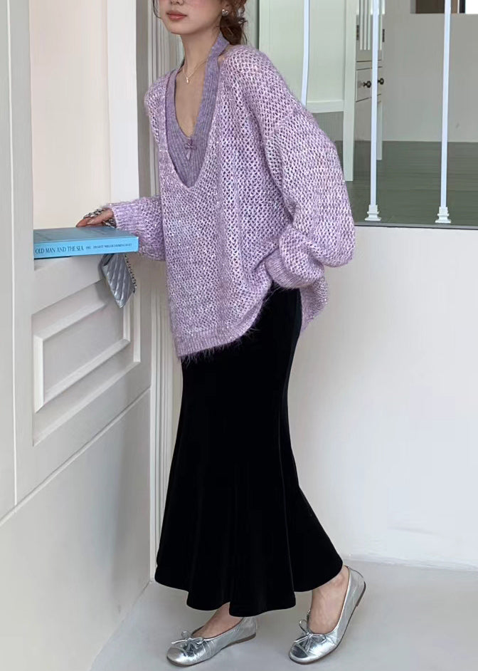 Classy Purple Oversized Hollow Out Knit Two Pieces Set Winter