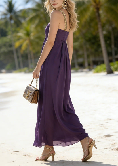 Classy Purple Patchwork Chiffon Spaghetti Strap Dress Summer