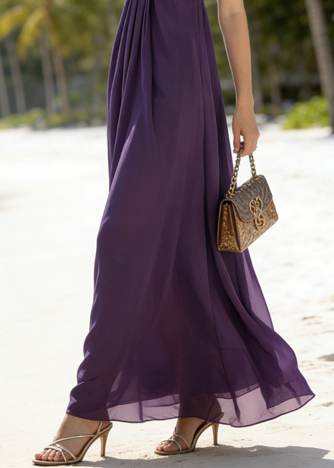 Classy Purple Patchwork Chiffon Spaghetti Strap Dress Summer