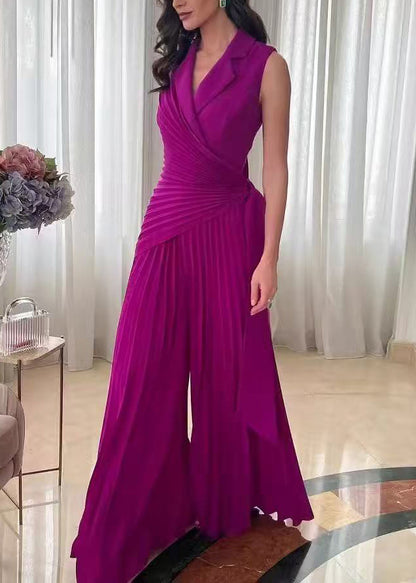 Classy Purple Peter Pan Collar Wrinkled Patchwork Cotton Jumpsuit Summ