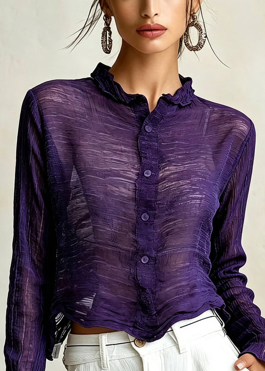 Classy Purple Ruffled Wrinkled Button Cotton Shirt Top Fall