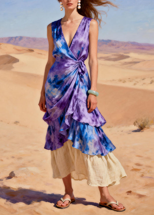 Classy Purple Tie Dye Patchwork Linen Silk Ankle Dress Summer