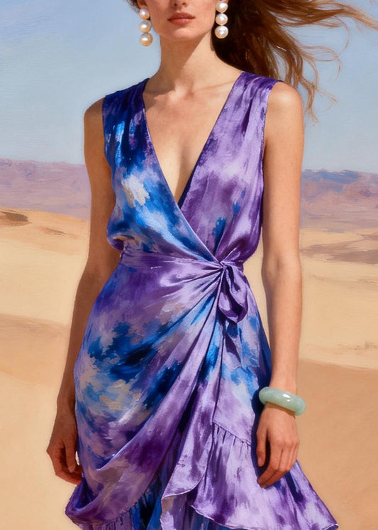 Classy Purple Tie Dye Patchwork Linen Silk Ankle Dress Summer