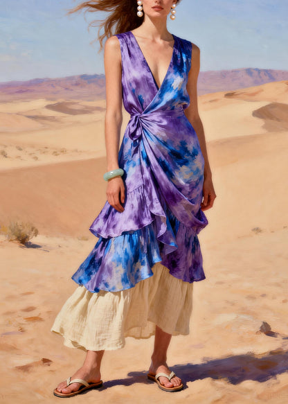 Classy Purple Tie Dye Patchwork Linen Silk Ankle Dress Summer
