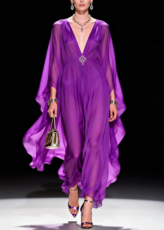 Classy Purple V Neck Chiffon Long Dress Summer