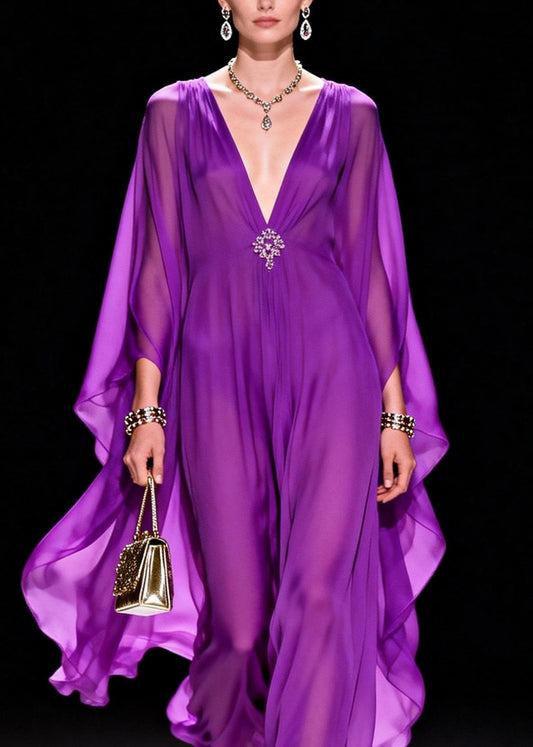 Classy Purple V Neck Chiffon Long Dress Summer