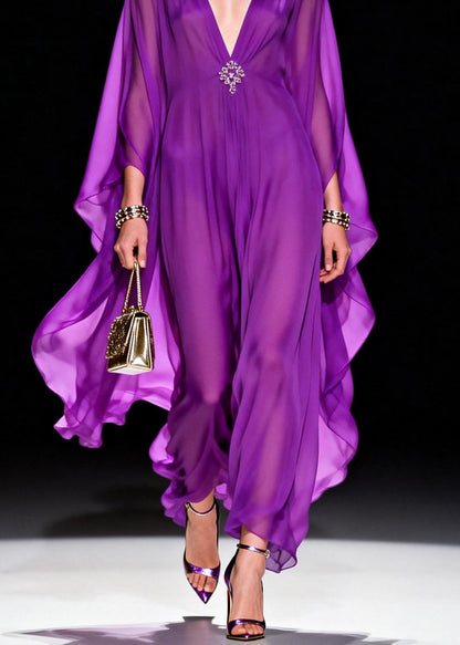 Classy Purple V Neck Chiffon Long Dress Summer