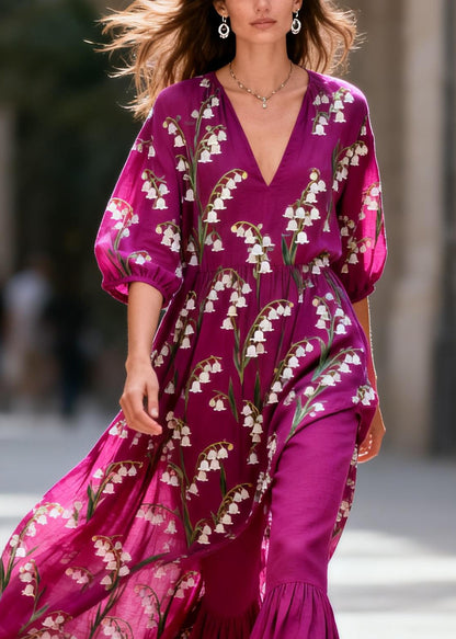 Classy Purple V Neck Print Cotton Two Piece Set Women Clothing Summer