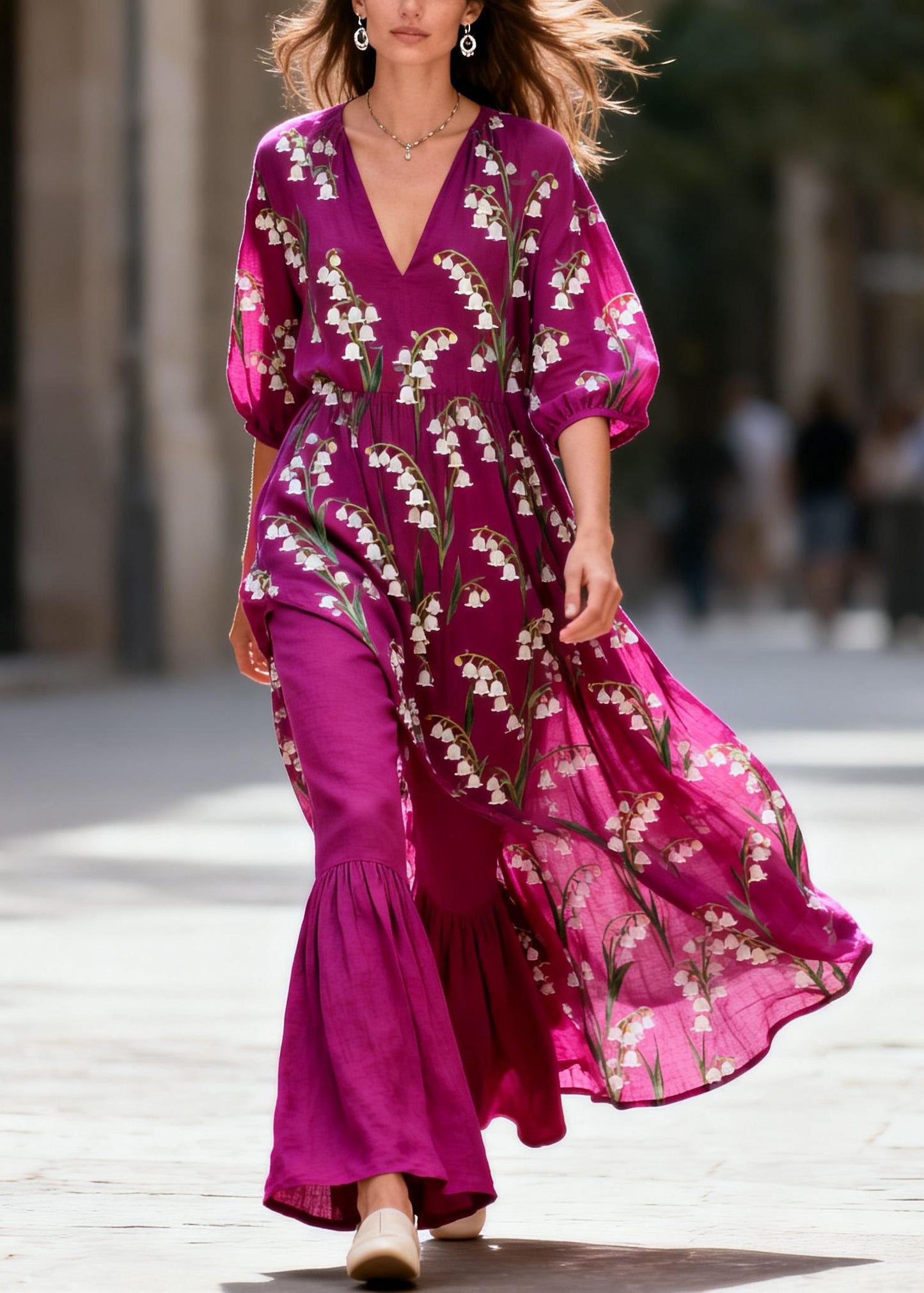 Classy Purple V Neck Print Cotton Two Piece Set Women Clothing Summer