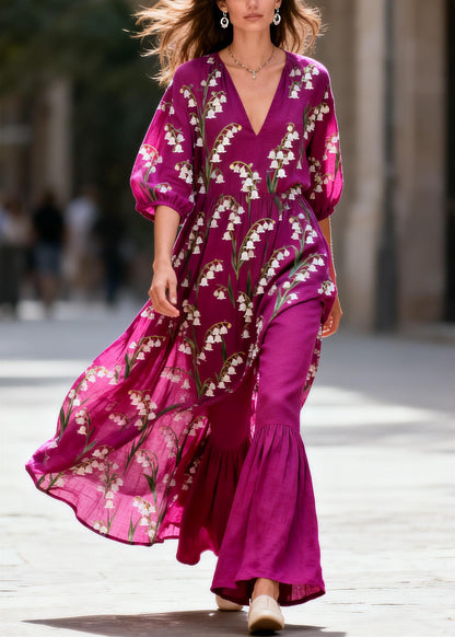 Classy Purple V Neck Print Cotton Two Piece Set Women Clothing Summer