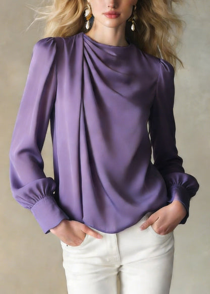 Classy Purple Wrinkled Silk Shirt Top Spring