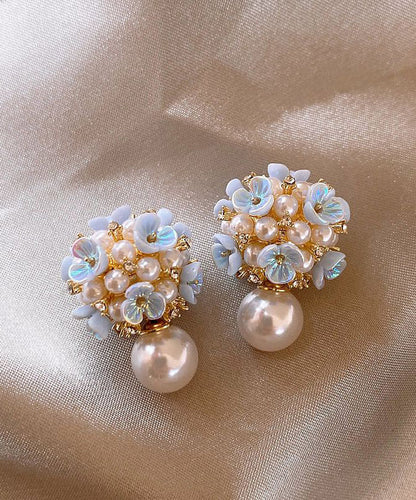 Classy Rainbow Copper Overgild Floral Pearl Stud Earrings