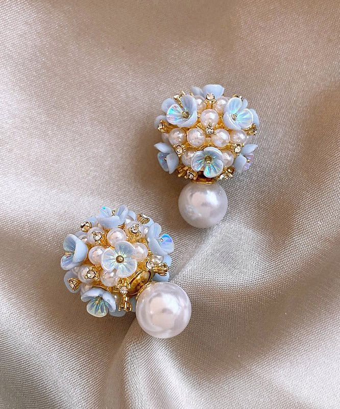 Classy Rainbow Copper Overgild Floral Pearl Stud Earrings