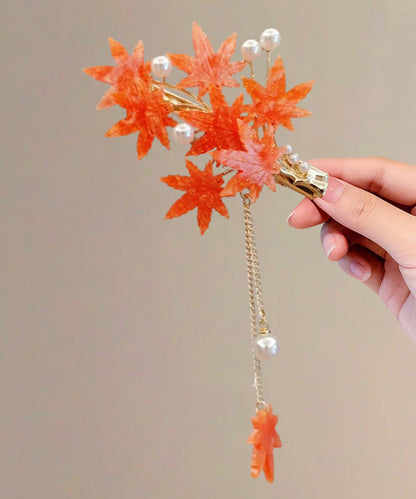 Classy Red Alloy Maple Leaf Osmanthus Glass Flower Tassel A Pair Hairpin