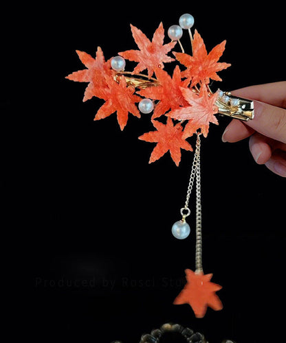 Classy Red Alloy Maple Leaf Osmanthus Glass Flower Tassel A Pair Hairpin