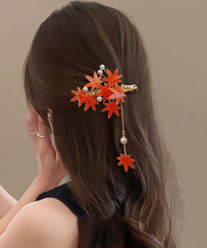 Classy Red Alloy Maple Leaf Osmanthus Glass Flower Tassel A Pair Hairpin