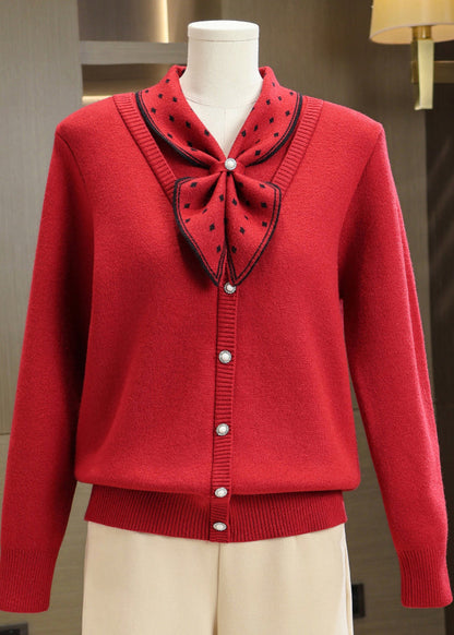 Classy Red Bow Patchwork Warm Fleece Knit Pullover Winter