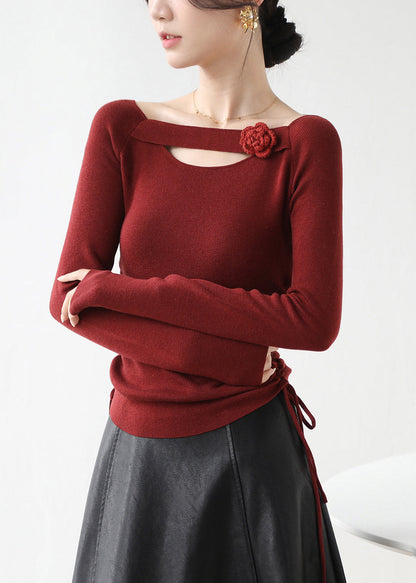 Classy Red Cinched Hollow Out Floral Knit Shirts Winter