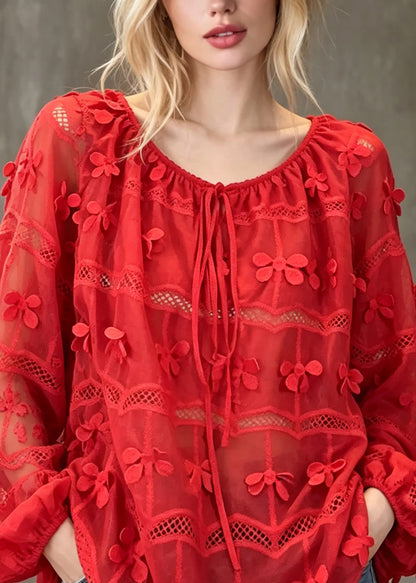 Classy Red Embroidered Hollow Out Patchwork Cotton Top Lantern Sleeve