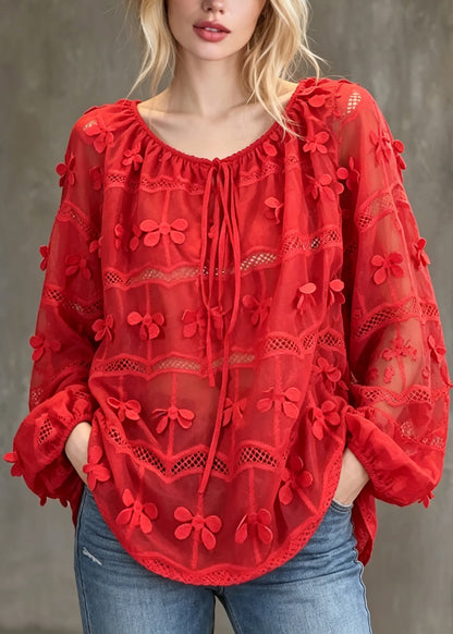 Classy Red Embroidered Hollow Out Patchwork Cotton Top Lantern Sleeve