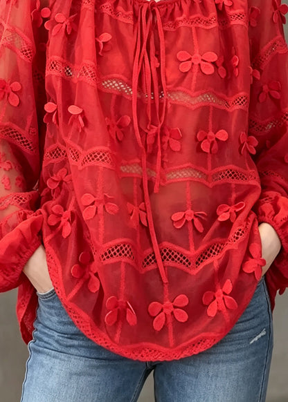 Classy Red Embroidered Hollow Out Patchwork Cotton Top Lantern Sleeve