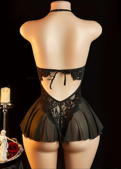 Classy Red Halter Hollow Out Lace Bodysuit Tops