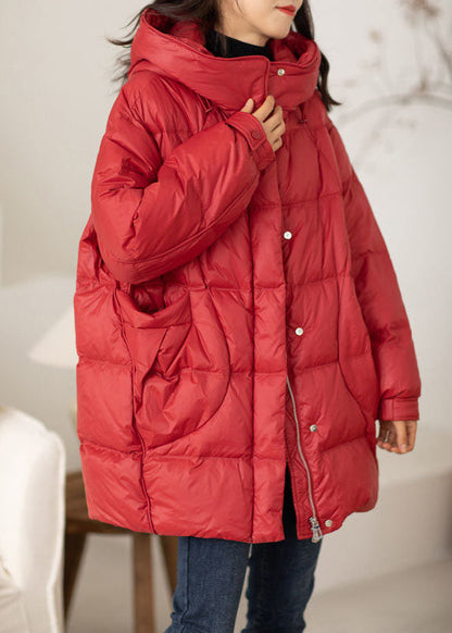 Classy Red Hooded Oversized Drawstring Duck Down Down Coat Winter