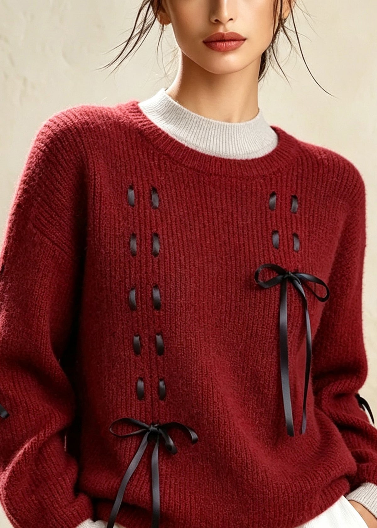 Classy Red O Neck Bow Lace Up Thick Knit Sweater Fall