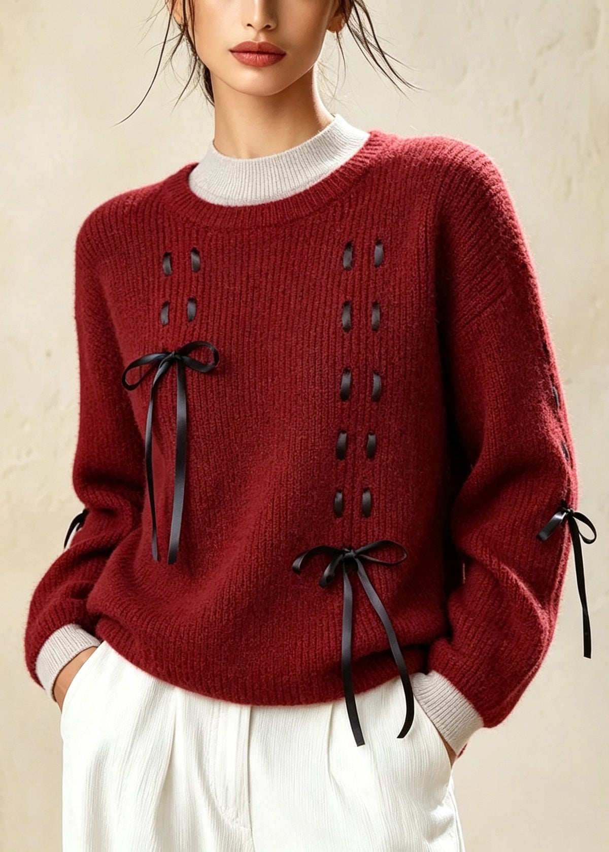 Classy Red O Neck Bow Lace Up Thick Knit Sweater Fall